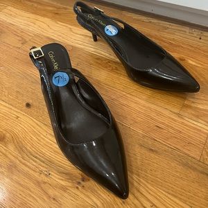 Calvin Klein black patent leather kitten sling backs